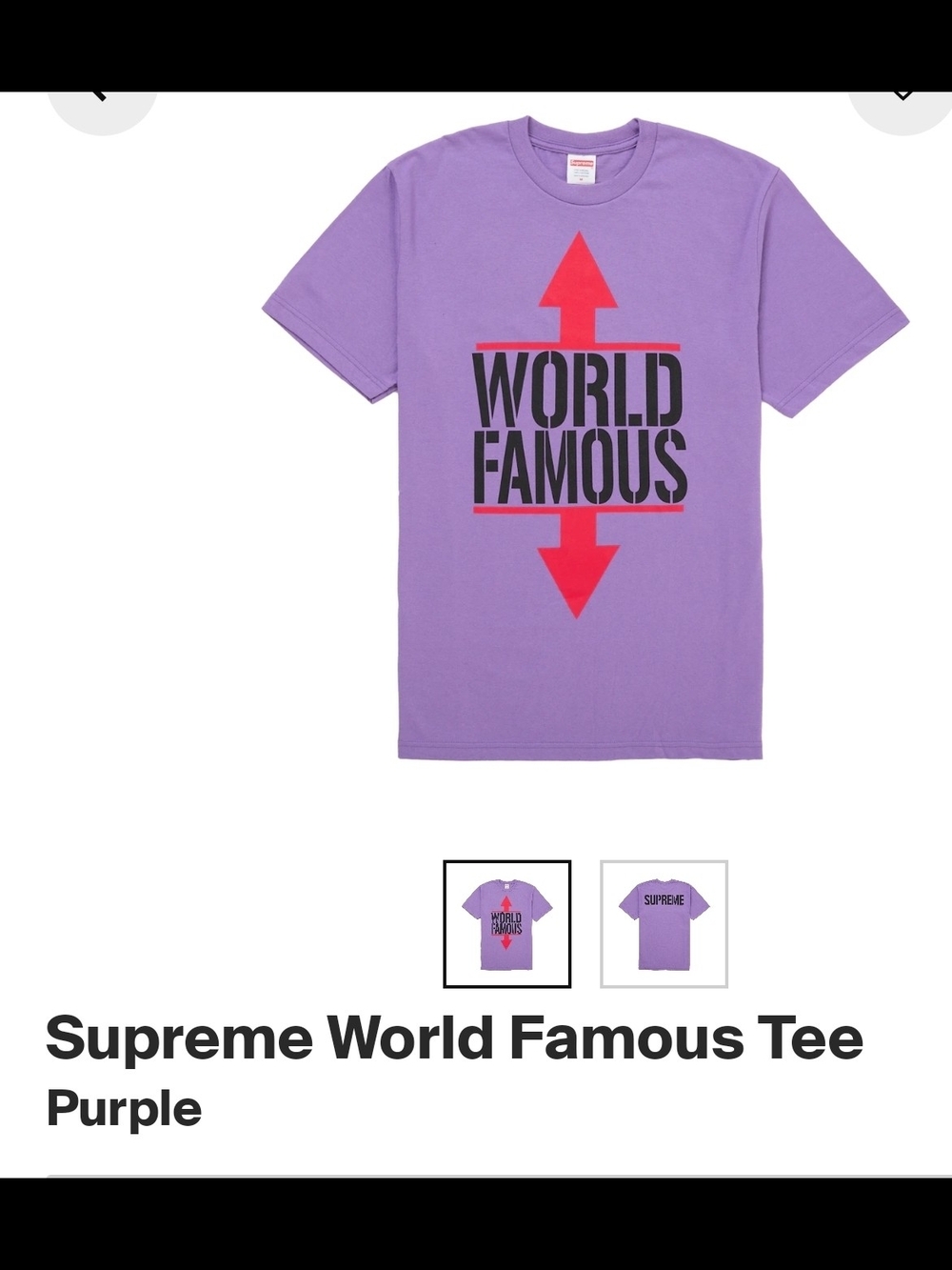 Supreme Purple 'World Famous' Tee with Red Arrows
